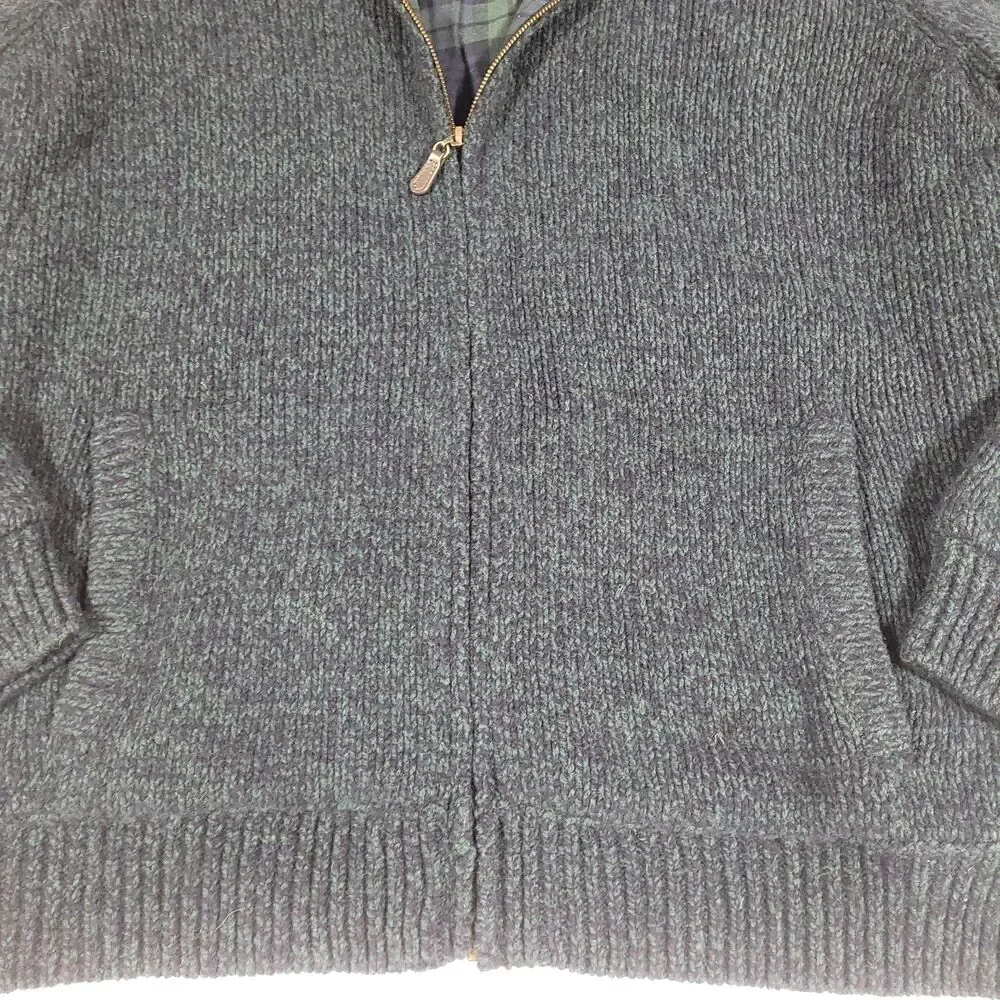 LL Bean Shacket Lambswool Cardigan‎ Sweater XL Blue Green Plaid Flannel Lined